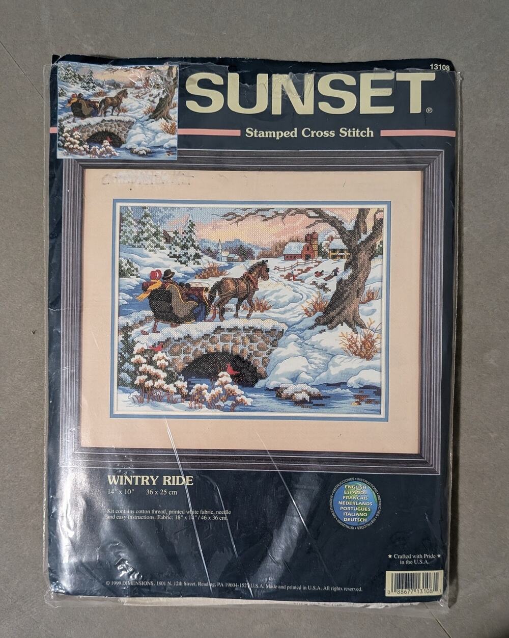 Vintage Sunset Wintry Ride Stamped Cross Stitch Kit 13108 Sleigh Snow OPEN BOX